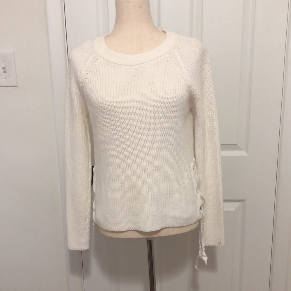 Willow & Clay Cropped Winter White Ribbed Sweater With Detailed Ribbon Side Ties